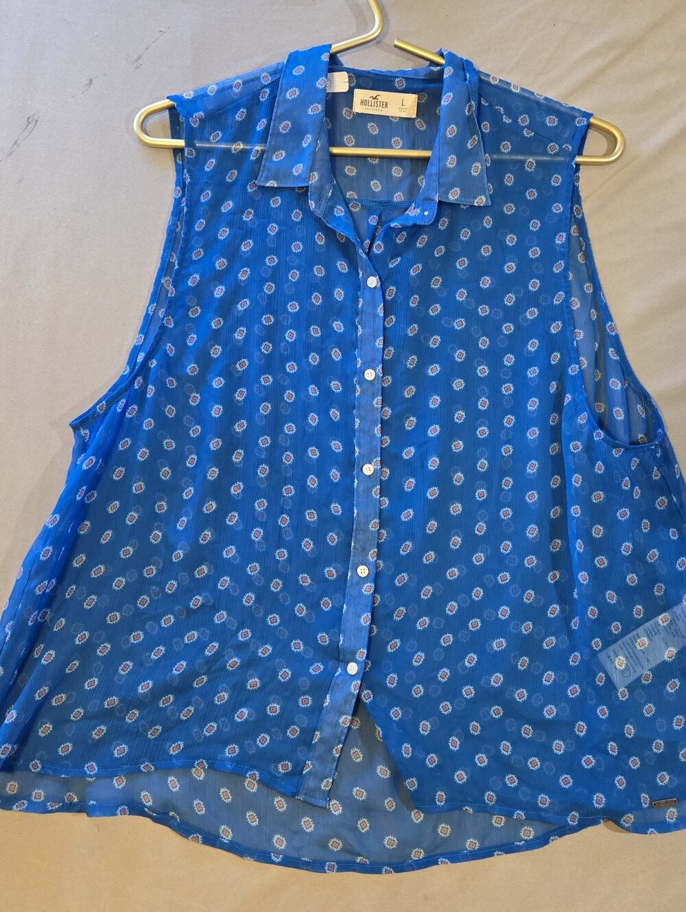 Hollister Royal Blue Sleeveless Button-Down Floral Dot Sheer Blouse Sz L